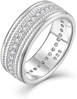 Men's 925 Sterling Silver Championship Ring, Cubic Zirconia Eternity Wedding Band, Cable Chain Design, Size 7-12