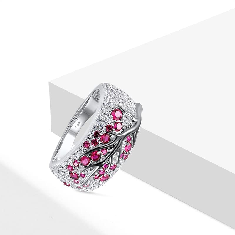 Tree of Life Ring for Women Girls,White Gold Plated Sterling Silver Plum Tree with Color Cubic Zirconias Flower Ring Jewelry Gift. Symbol of Perseverance,Fought at The Head, The Spirit of Self-quality