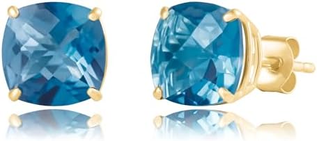 14k Yellow Gold Swiss or London Blue Topaz Cushion-Cut Stud Earrings, Push Back, Women's December Birthstone Gift - 8mm