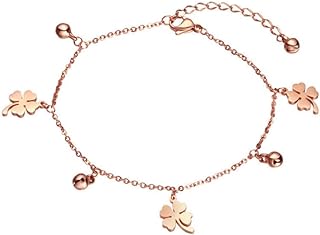 SHEIN Stainless Steel Rose Gold Anklet with Lobster Claw Clasp and Link Chain - Good Luck Clover, Anchor, Heartbeat & Butterfly Design for Women and Girls