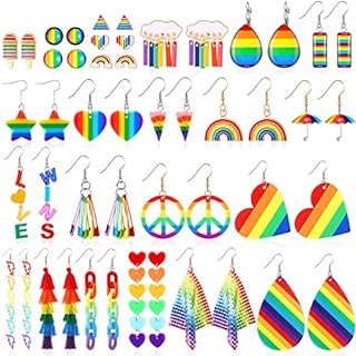24 Pairs Pride Earrings, Rainbow Earrings Rainbow Mesh Drop Clip on Earrings Lightweight Chain Love Heart Star Lesbian Earrings for Women Girls Men