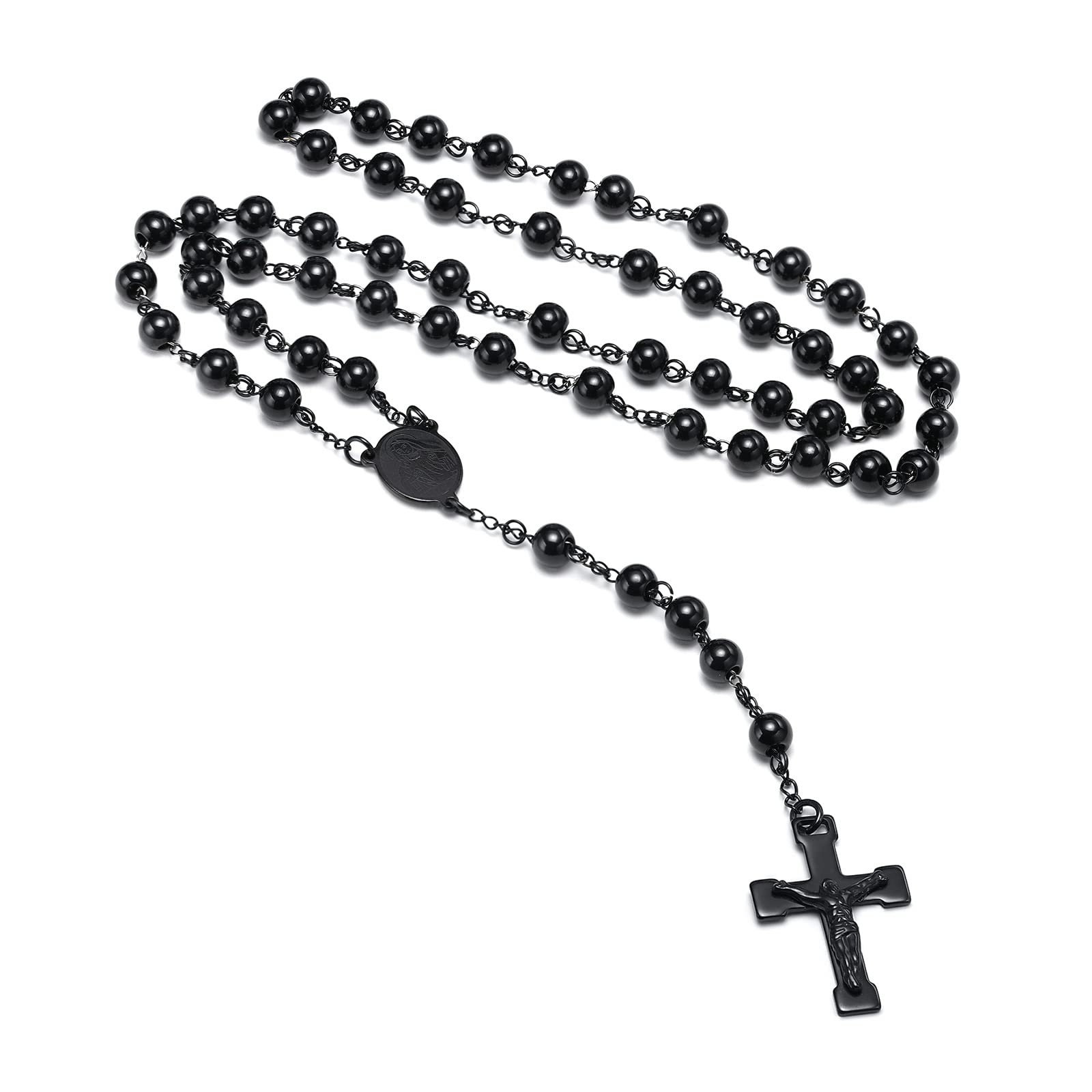 VNOX Unisex Black Stainless Steel Long Rosary Bead Chain Jesus Cross Catholic Crucifix Cross Necklace,36"