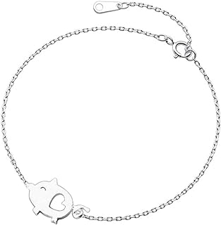 Cute Pig Bracelet for Women Girls Sterling Silver Delicate Matte Porket Hollow Love Heart Charm Link Bracelets Anklets for Pet Lover Animal Keepsake Jewelry Birthday Christmas Gifts for Daughter Niece 8 inch