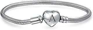 Personalize Initial Alphabet A-Z Starter Snake Chain Bracelet For Women Teen Heart Clasp Fits European Beads Charm 925 Sterling Silver 7 Inch Custom Engraved
