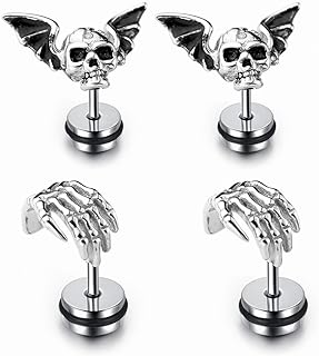 4PCS Skull Ghost Head Skeleton Claw Bat Earring Flat Back Screw On Cool Ear Lobe Studs Cartilage Helix Piercing Set Women Men 16G Post