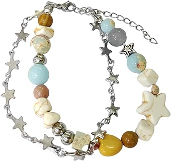 Lobster Claw Clasp Y2K Beaded Bracelet with Bead Chain for Women and Girls, Star-Shaped Double Layer Imitation Pearl Design, Handmade Aesthetic Jewelry Friendship Gift