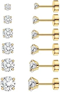 Thokono Edelstahl Hypoallergene Diamant Ohrringe Set mit Zirkonia, 6 Paar in Größen von 3mm bis 8mm, inkl. Schmuck Samt Tasche und ideal für Damen, Herren und Mädchen