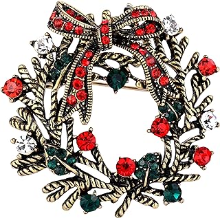 BriLove Women's Vintage Inspired Crystal Merry Christmas Holiday Wreath Brooch Pin