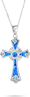 Bling Jewelry Religious Vintage Style Faith Hope Love CZ Accent Black Onyx Gemstone Created Blue Opal Cross Pendant Necklace For Women Teen .925 Sterling Silver October Birthstone