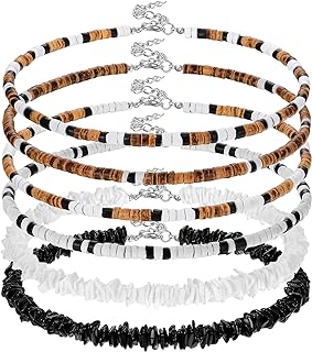 6 Pcs Puka Shell Necklace for Men Surfer Necklace Shell Choker Hawaiian Beach Shell Bead Necklace Clam Chip Choker Jewelry with Extended Chain for Men Women Boys Girls