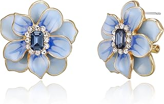 BriLove Stunning Gorgeous Rhinestone Emerald Cut Enamel Flower Shaped Stud Earrings for Women Girls Summer Refreshing Seaside Idyllic Holiday