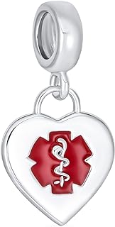 Bling Jewelry Personalize Heart Shape Medical ID Dangle Bead Charm For Women For Teen .925 Sterling Silver Fits European Bracelet Customizable