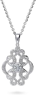 BERRICLE Sterling Silver Flower Cubic Zirconia CZ Art Deco Pendant Necklace for Women, Rhodium Plated
