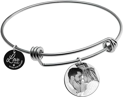 Qina C Love You to The Moon and Back Personalized Fingerprint Photo Engrave Dangle Charm Adjustable Wire Bangle Bracelet Inspirational Gift