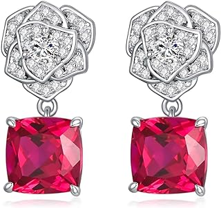 925 Sterling Silver Rose Flower 8mm Lab-Created Ruby Cushion Cut July Birthstone Earrings for Women