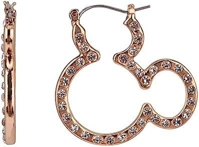 Disney Mickey Mouse Silhouette Hoop Earrings, Jewelry Gift Box, Gold Tone Enamel with Pave Stone Accent, 1.25” Drop, Clicktop Closure