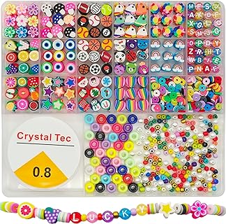 1000+PCS Polymer Clay Beads Bracelet Making Kit, Fruit Flower Clay Beads Charms for Jewelry Friendship Bracelets, Sports Animals Mushroom Hearts Unicorn Stars Clay Beads for DIY