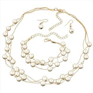 Gold Layered Pearl Necklaces for Women Faux Pearls Necklace Bracelet Earring Set for Women Girls Multi Layered Pearl Choker Necklaces