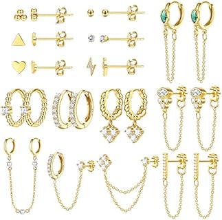 14K Gold Plated BESTEEL Chain Hoop Earrings Set for Women with Clutchless Back Finding - Hypoallergenic Stainless Steel Dangle Studs for Multiple Piercings