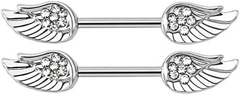 Nipple Ring Angel Wings Paved CZ 316L Surgical Steel Nipple Bar Body Jewelry Sold as a Pair HO2893