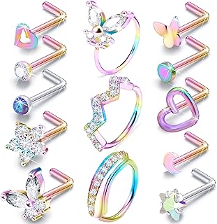 Prjndjw 20G Nose Rings Hoop Surgical Steel L Shaped Nose Rings Butterfly rabbit Opal Heart CZ Flower Nose Piercing Jewelry Nose Rings For Women Men 15Pcs 6.5mm Nose Stud Purpke 8MM Nose Hoop rings