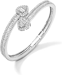 Lulu Mel Iced Heart Women's & Men's Brass Gold & Silver Plated Bangle Bracelet, Cubic Zirconia Baguette Design with Lobster Claw Clasp and Box Chain