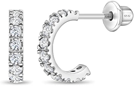 925 Sterling Silver Clear Cubic Zirconia Small Half Hoop Screw Back Earrings for Teens and Women - Classic and Elegant Safety Screw Back Earrings Wear for All Occasion
