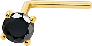 14K Solid Yellow Gold L-Bend Moissanite Nose Stud - Set with Black Moissanite Gem - Ideal For Men and Women - L-Shaped Design - Hypoallergenic for Sensitive Skin - Perfect for April Birthdays