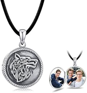 CHENGHONG Wolf Locket Necklace 925 Sterling Silver Locket Necklace That Holds Pictures Vintage Oxidized Viking Necklace Celtic Wolf Pendant Jewelry Gifts for Men Women