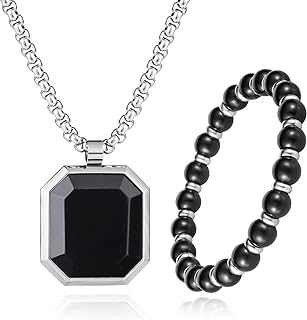 Mens Black Onyx Crystal Necklace Beaded Bracelet Jewelry Set for Men Women - Spiritual Healing Energy Natural Gemstone Gifts for Boys, Boyfriend, Husband, Dad, Son - Elastic Rope Bracelet 8mm