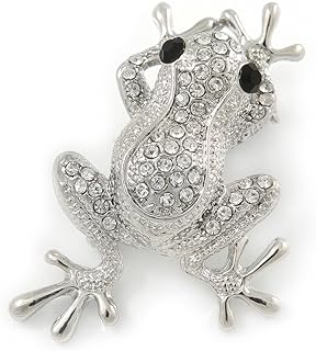 Silver Plated Clear/Black Crystal Frog Brooch - 50mm L