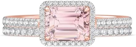 Elegant Sterling Silver Pink Morganite Engagement Ring Set, Emerald-shaped Halo Bridal Band, Size 5