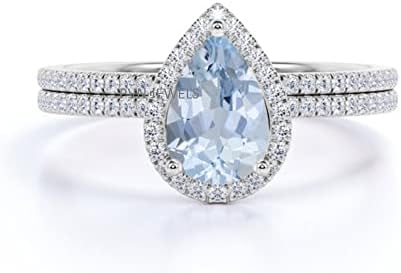 Pear Shaped Gemstone Created Aquamarine 925 Sterling Silver Ladies Teardrop Engagement Ring with Matching Band Set Wedding Ring Set 12