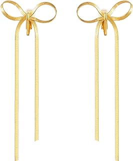 14K Gold-Plated Drop Design Clip-On Earrings with Ribbon Bow Decoration for Women - Lightweight, Comfortable Copper Fashion Accessory for Non-Pierced Ears