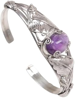 NOVICA Artisan Handmade Amethyst Cuff Bracelet Artisan Crafted Sterling Silver Indonesia [6.5 in L (end to End) x 0.8 in W] ' Lost in Nature'