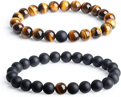 Elastic Onyx and Tiger Eye Bead Bracelets for Couples - COAI Matching Long Distance Designs