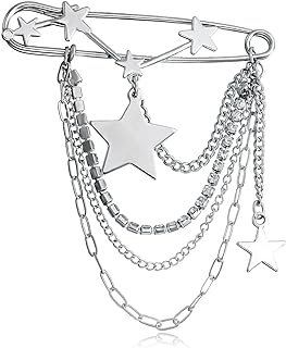 Gold Crystal Star Moon Safety Chain Tassel Brooch Pins for Women,Star Brooch Pins Sweater Shawl Clips Collar Brooch Tassel Chain Men's Suit Label