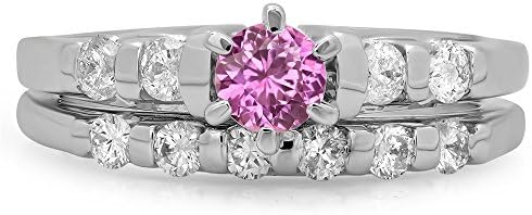 14K White Gold Round Pink Sapphire and Diamond Accent Engagement Ring for Women, Bridal Solitaire Design