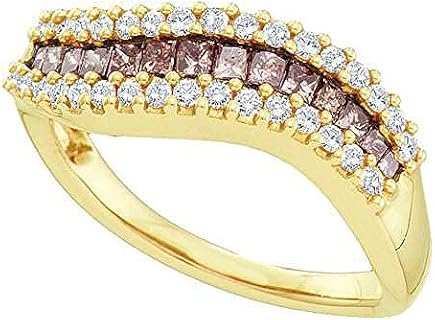 Elegant 14K Yellow Gold 0.67 Carat Princess & Round Cognac & White Diamond Ladies Wedding Band, Perfect Fit for Size 7