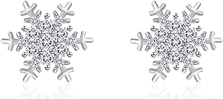 Clip-On Snowflake Stud Earrings with Cubic Zirconia for Women and Girls, Silver-Plated-Brass, Flower Design