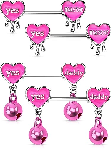 OUFER 4PCS Pink Nipple Rings, Heart Nipple Piercing Jewelry Surgical Steel, Dangle Nipple Barbells, Letter Nipple Rings For Women