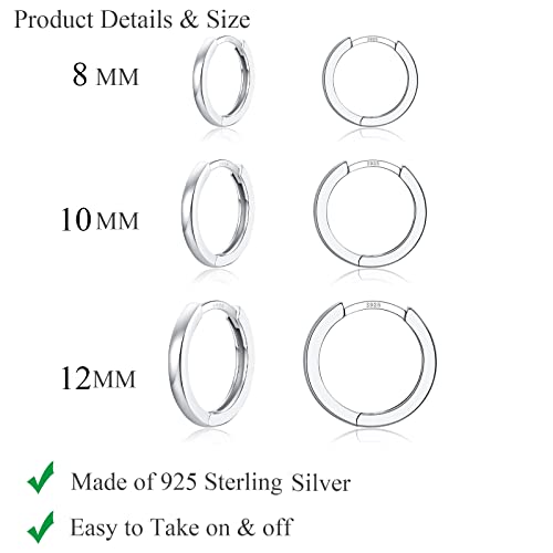 3 Pairs 925 Sterling Silver Hoop Earrings 14K White Gold Plated Small Silver Hoop Earrings for Women Huggie Cartilage Hoop Earrings for Men Girls