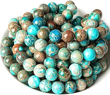 HIXHRO Natural Blue Sea Sediment Imperial Jasper Bead Necklace in Stone with Elastic Thread - 38pcs Round 10MM Beads for DIY Jewelry Making