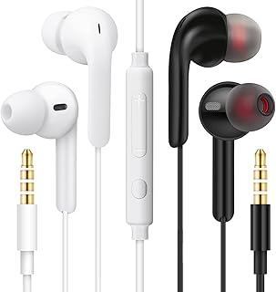 MAS CARNEY In-Ear-Kopfhörer für Erwachsene mit Lautstärkeregler und Mikrofon, 3,5mm Klinke, Geräuschabschirmung. Ideal für Smartphone, Computer, MP3, PSP. 2er Pack Schwarz Weiß