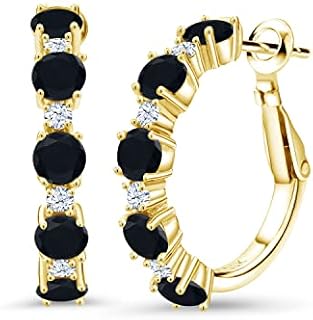 Women's 18K Yellow Gold Plated Silver Hoop Earrings with Black Onyx and Cubic Zirconia, Lever Back, Round 4mm/1.9mm Stones for Elegance and Sophistication