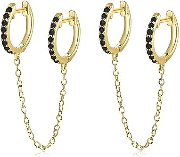 Chain Hoop Earrings for Women 14K Gold Plated Double Piercing Earrings Dainty CZ Zircon Small Huggie Hoop Minimalist Chain Cuff Earrings Cartilage Hoop Earring Helix Piercing Jewelry Gift for Women