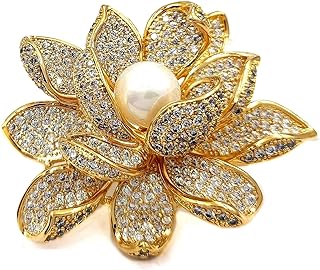 CYPINA Sparkling Gold Tone Imitated White Pearl Zircon Lotus Flower Brooch Pin Ladies Jewelry