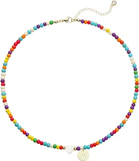 Stainless Steel Cable Chain Letter Bead Necklace with Cubic Zirconia for Women, Colorful Beaded Choker with 14K Gold Round Initial Pendant Design