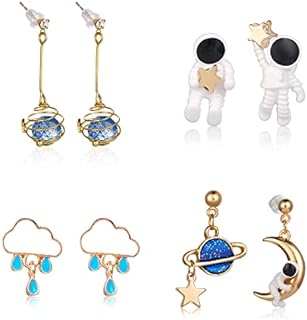 4 Pairs Astronaut Stud Earrings Asymmetric Spaceman Star Moon Earrings Planet Star Stud Dangle Earrings Cloud Rain Drop Earrings for Girls and Women