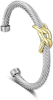 Cuff Bracelet for Women Cable Wire Bracelet - Stainless Steel Twisted Two Tone Bangle - Silver Cuff Knot Vintage Bracelets Jewelry (Link 1)